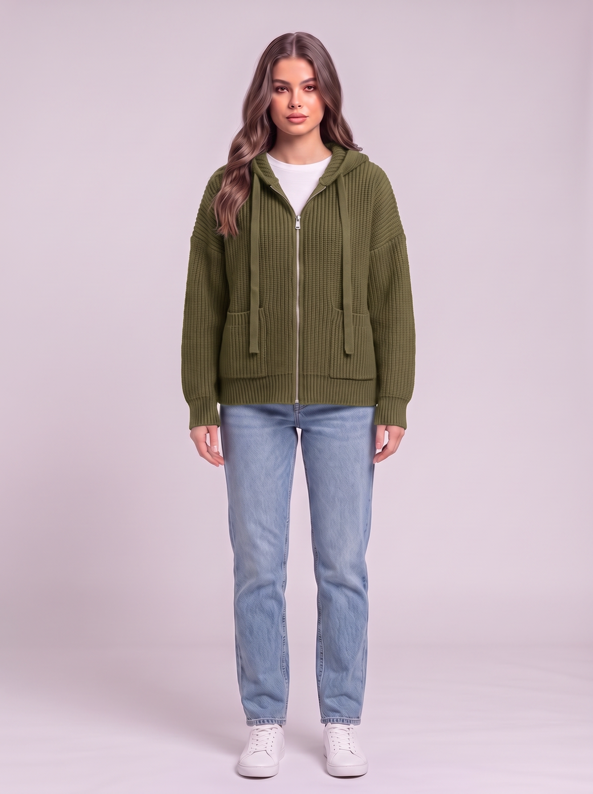 Knitted Zip-Up Hooded Cardigan - Army Green