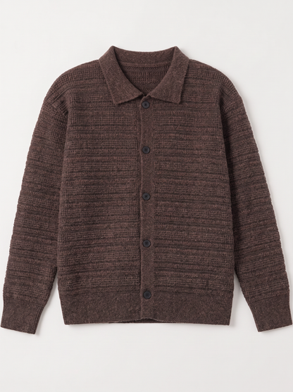 Men's Button Up Knit Cardigan - Flower Coffee - flat lay