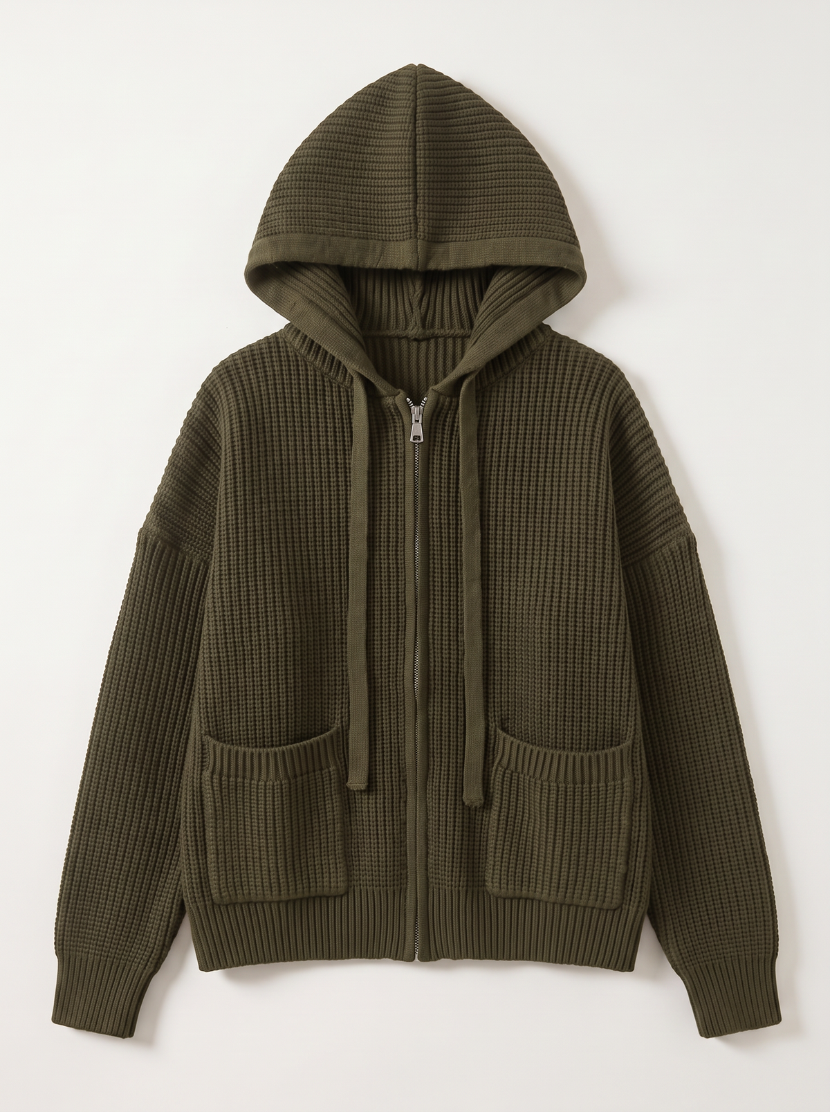 Knitted Zip-Up Hooded Cardigan - Army Green - flat lay