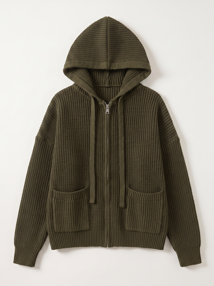 Knitted Zip-Up Hooded Cardigan - Army Green - flat lay
