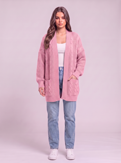 Chunky Knit Open Front Cardigan - Pink