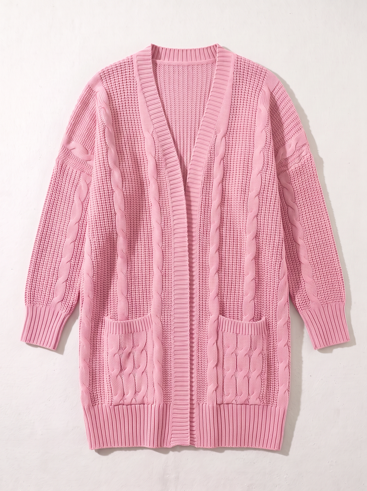 Chunky Knit Open Front Cardigan - Pink - flat lay