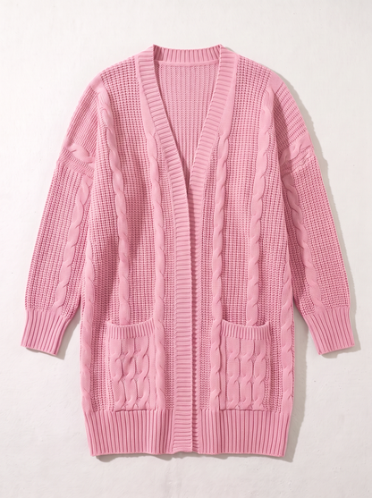 Chunky Knit Open Front Cardigan - Pink - flat lay