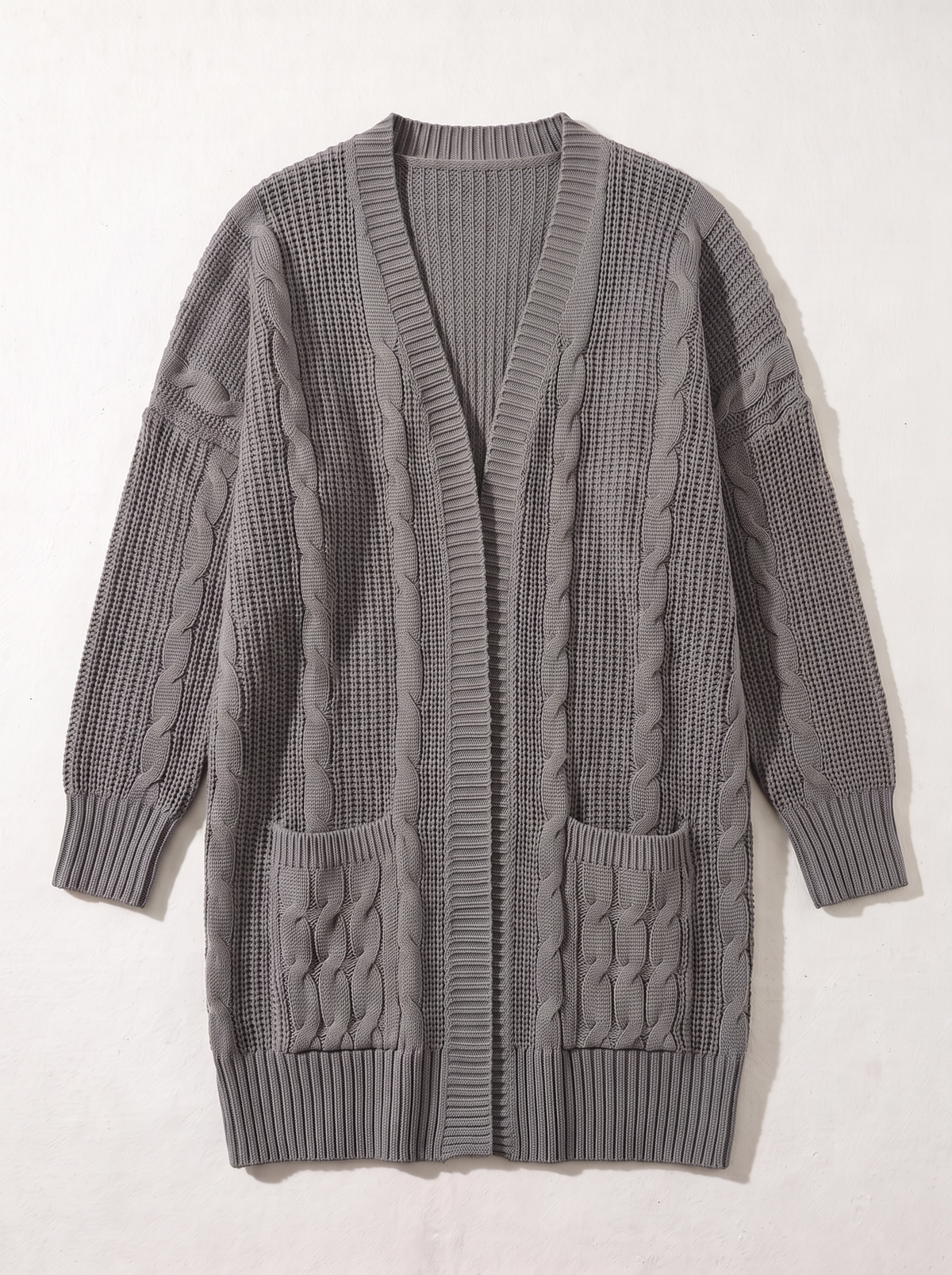 Chunky Knit Open Front Cardigan - Dark Gray - flat lay