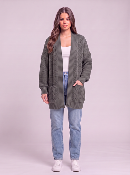 Chunky Knit Open Front Cardigan - Dark Gray