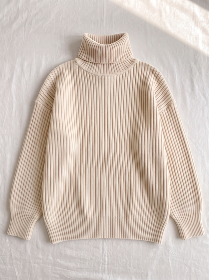 Oversized Turtleneck Ribbed Knit Sweater - Cream - flat lay