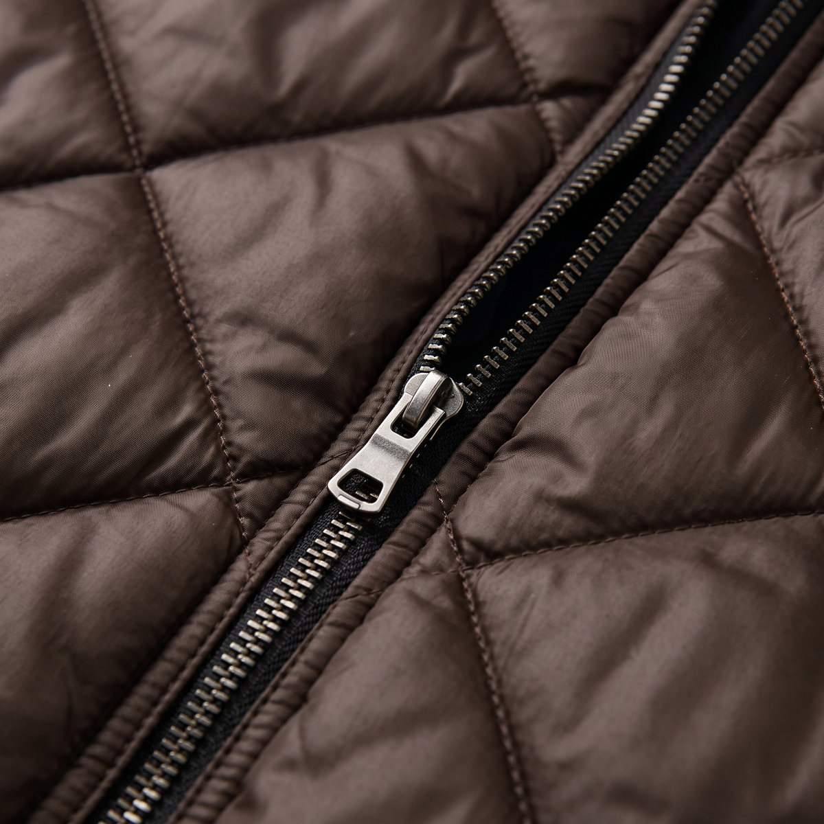 Quilted Longline Hooded Puffer Coat - Dark Brown - fabric close-up