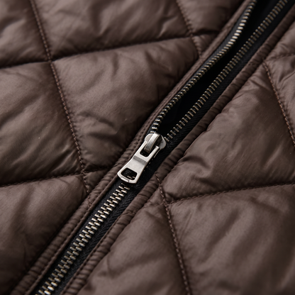 Quilted Longline Hooded Puffer Coat - Dark Brown - fabric close-up