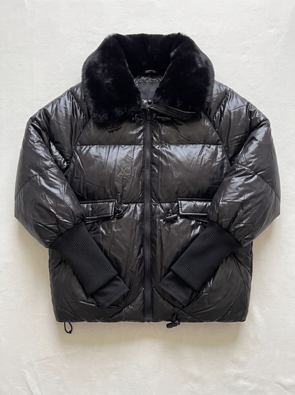 Fur Collar Padded Puffer Jacket - Black - flat lay