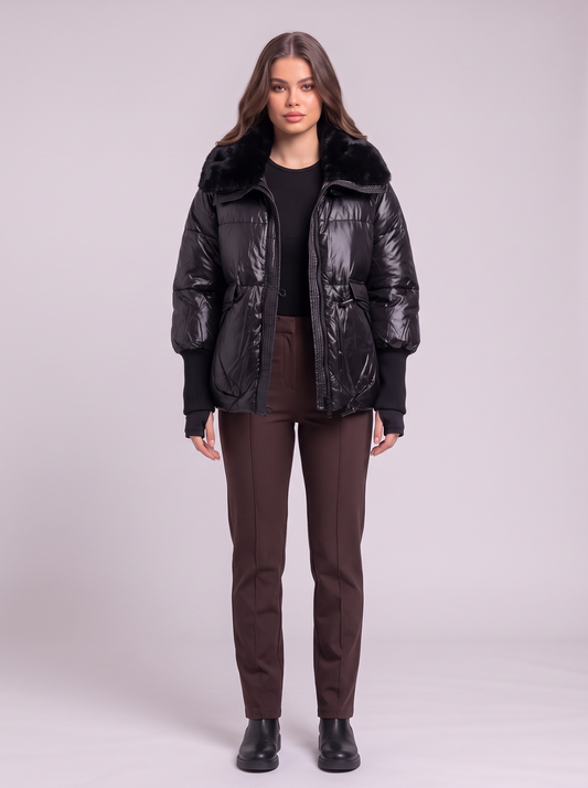 Fur Collar Padded Puffer Jacket - Black