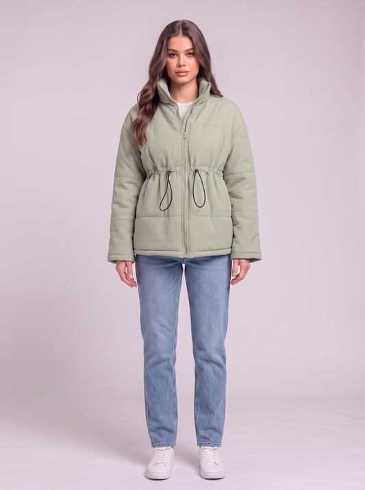Drawstring Waist Puffer Jacket - Light Green