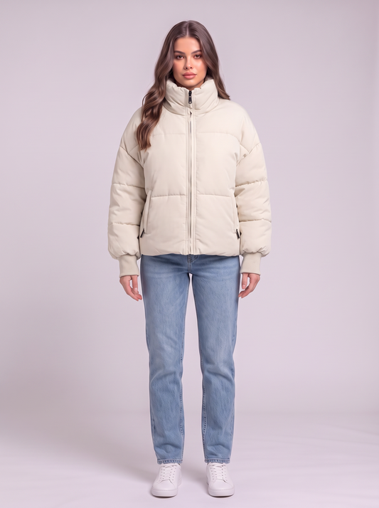 Zip Up Turtleneck Puffer Jacket - Cream