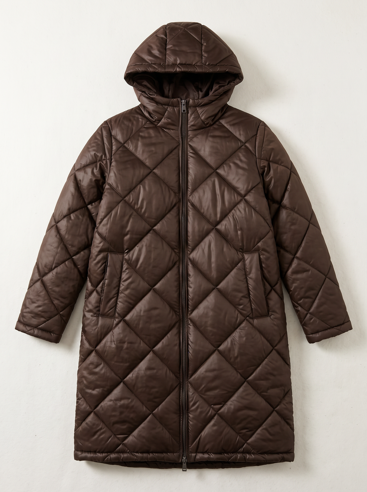 Quilted Longline Hooded Puffer Coat - Dark Brown - flat lay