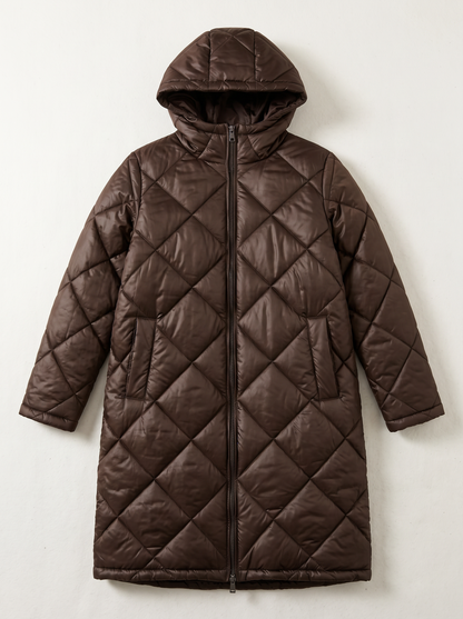 Quilted Longline Hooded Puffer Coat - Dark Brown - flat lay