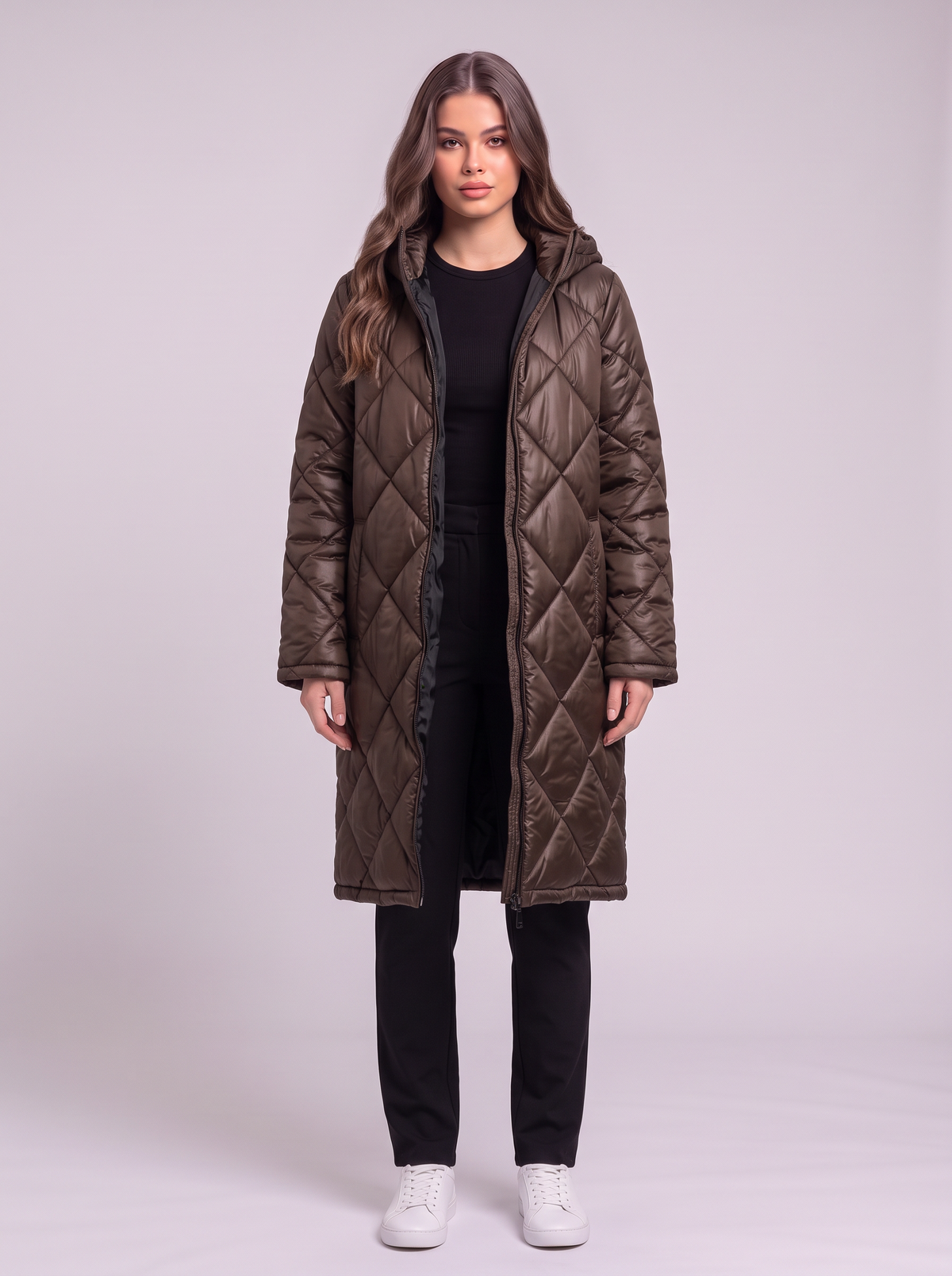 Quilted Longline Hooded Puffer Coat - Dark Brown