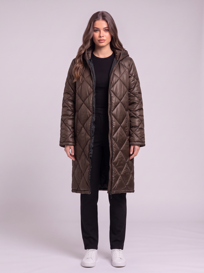 Quilted Longline Hooded Puffer Coat - Dark Brown