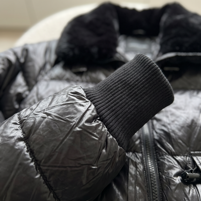 Fur Collar Padded Puffer Jacket - Black - fabric close-up