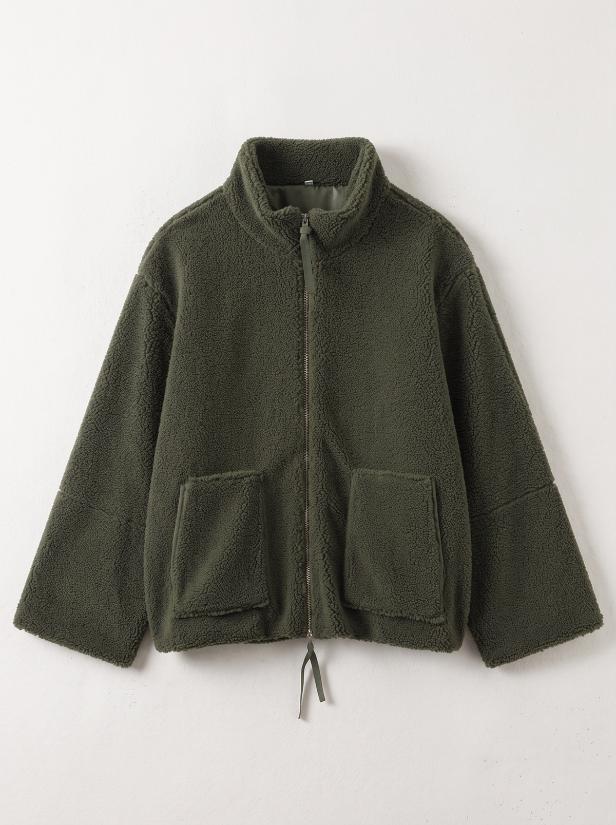 Turtleneck Zip Up Plush Jacket - Dark Green - flat lay