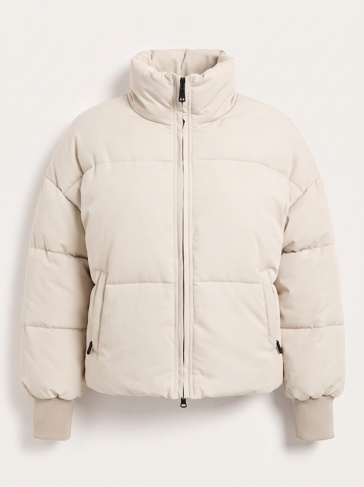 Zip Up Turtleneck Puffer Jacket - Cream - flat lay
