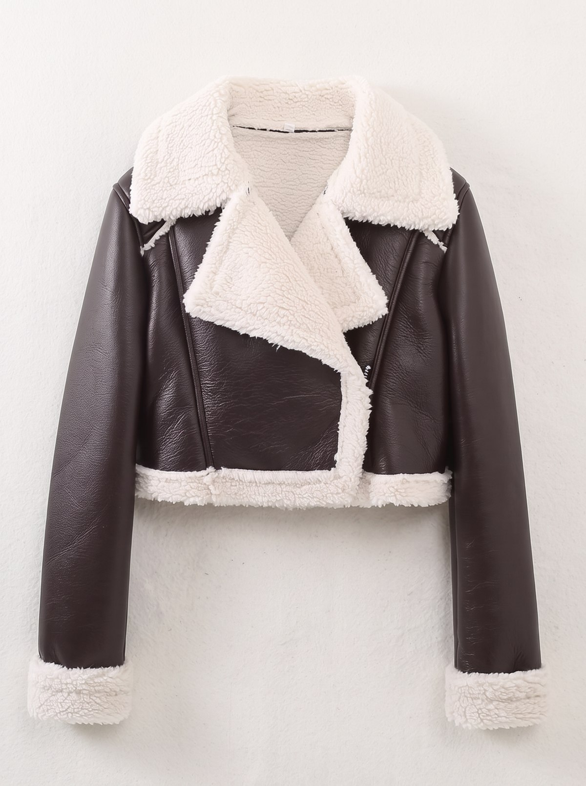 Collared Plush Cropped Jacket - Chocolate - flat lay