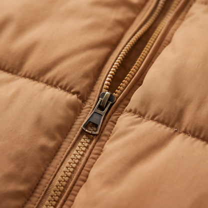 Collared Neck Puffer Coat - Tan - fabric close-up