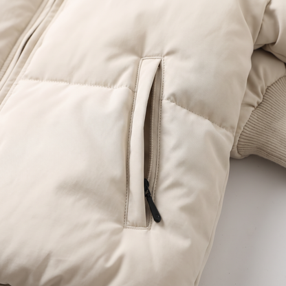 Zip Up Turtleneck Puffer Jacket - Cream - fabric close-up