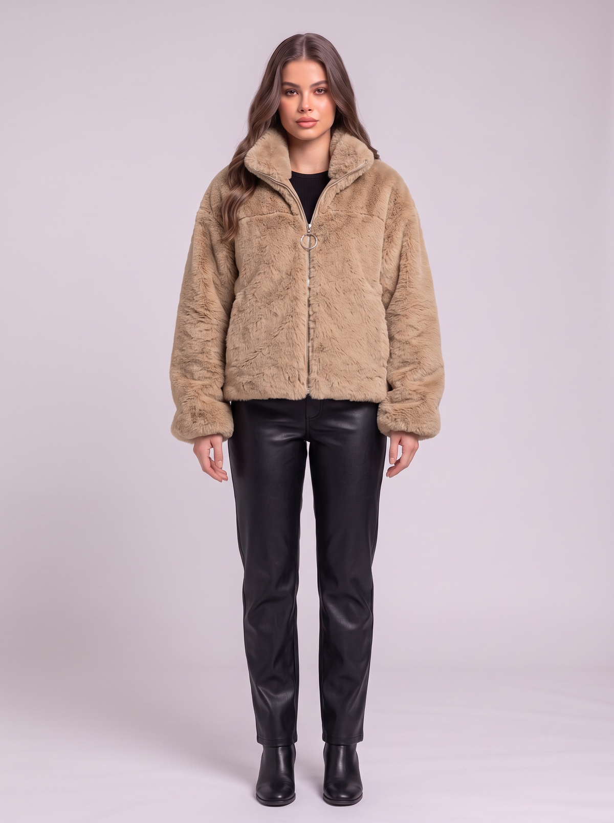 Faux Fur Cropped Zip-Up Jacket - Khaki