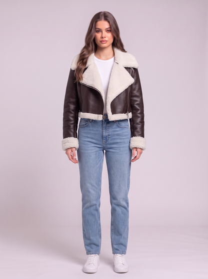 Collared Plush Cropped Jacket - Chocolate