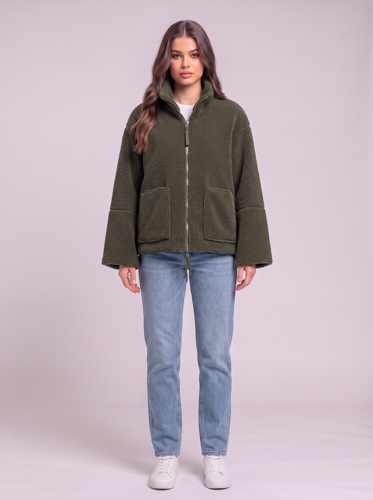Turtleneck Zip Up Plush Jacket - Dark Green