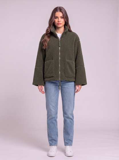 Turtleneck Zip Up Plush Jacket - Dark Green