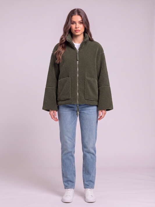 Turtleneck Zip Up Plush Jacket - Dark Green
