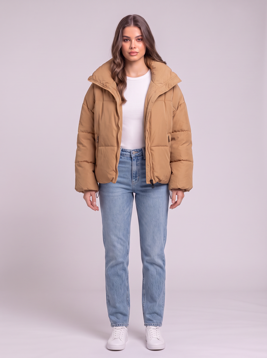 Collared Neck Puffer Coat - Tan