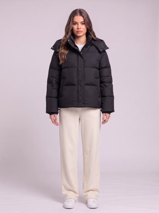 Quilted Hooded Puffer Jacket - Black