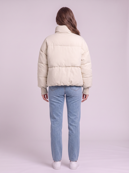 Zip Up Turtleneck Puffer Jacket - Cream - back