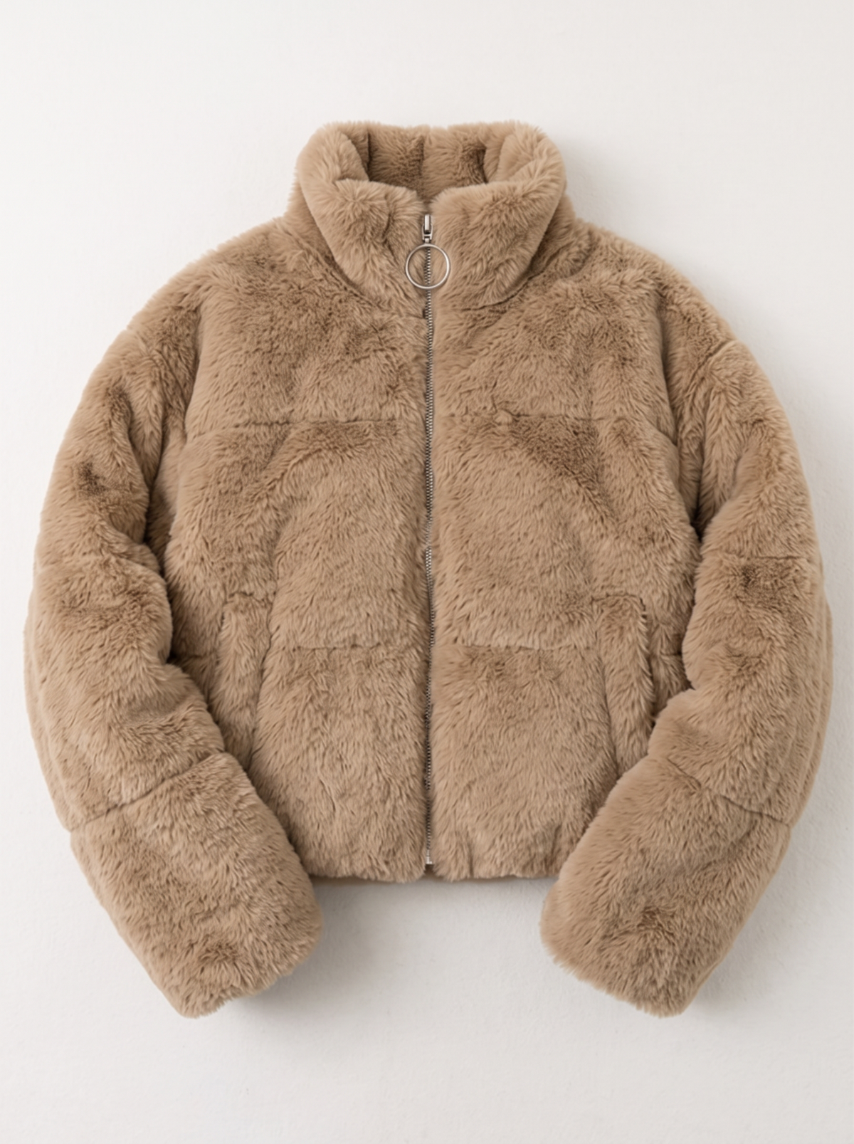 Faux Fur Cropped Zip-Up Jacket - Khaki - flat lay