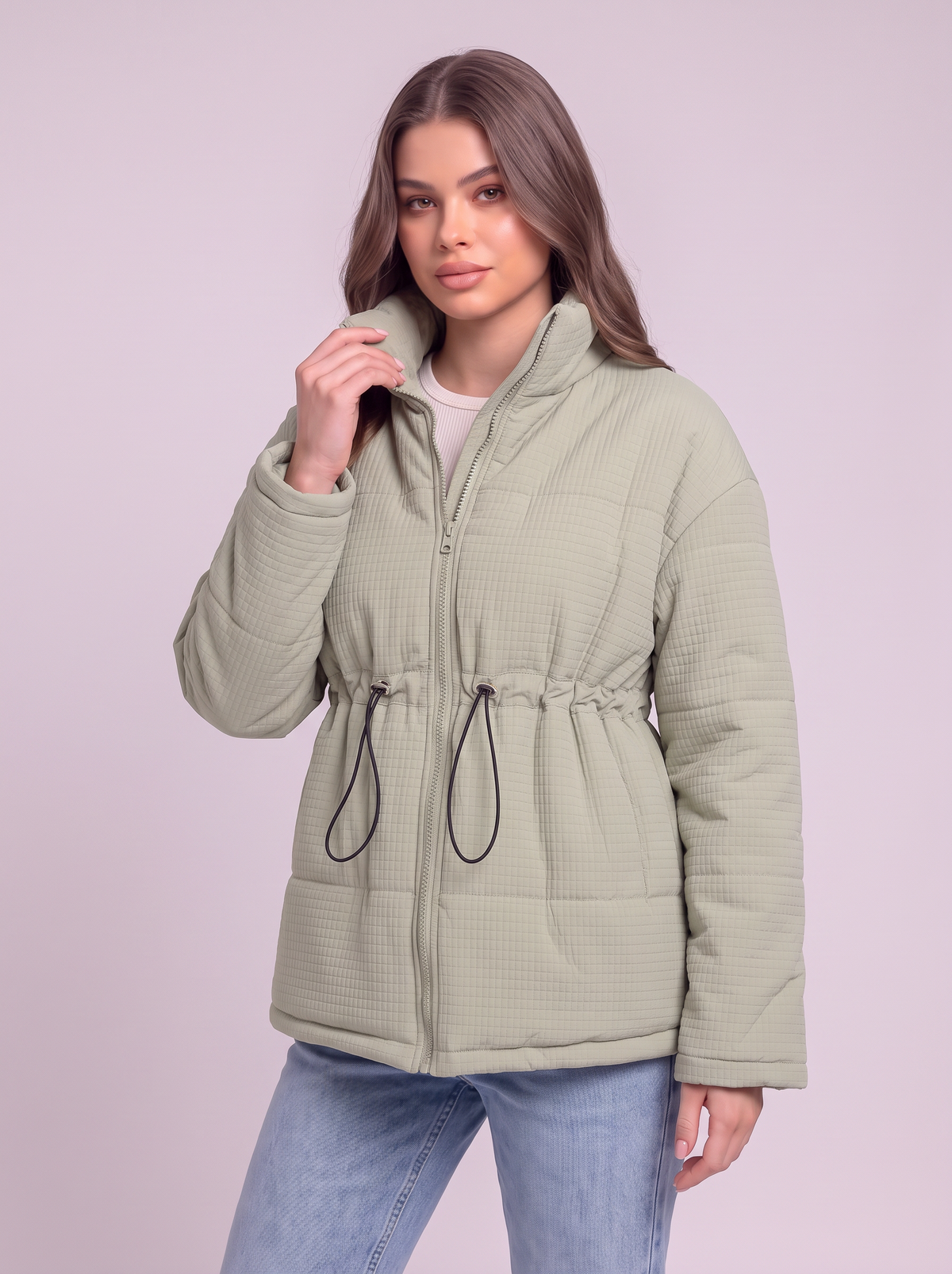 Drawstring Waist Puffer Jacket - Light Green - detail