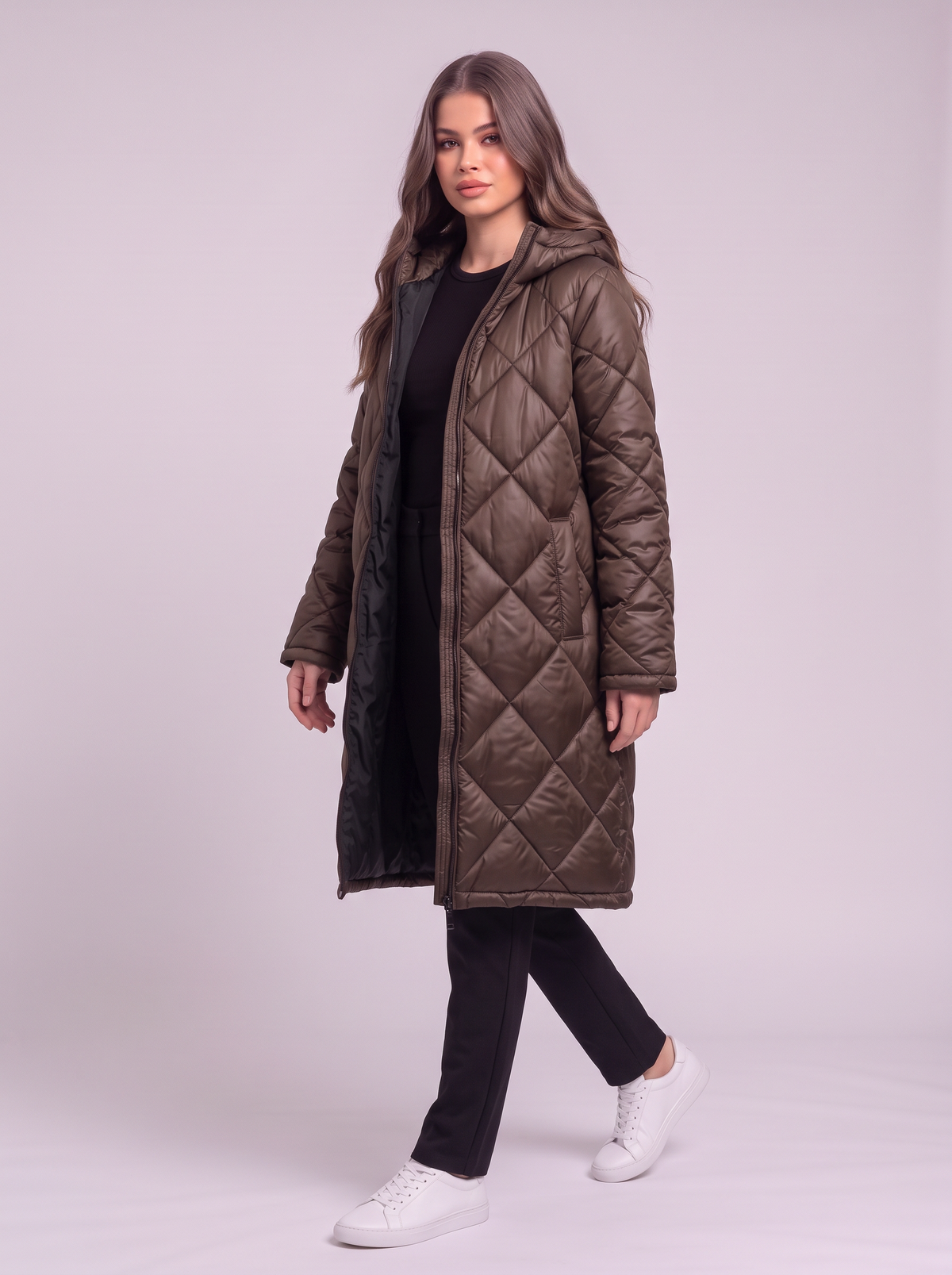 Quilted Longline Hooded Puffer Coat - Dark Brown - side