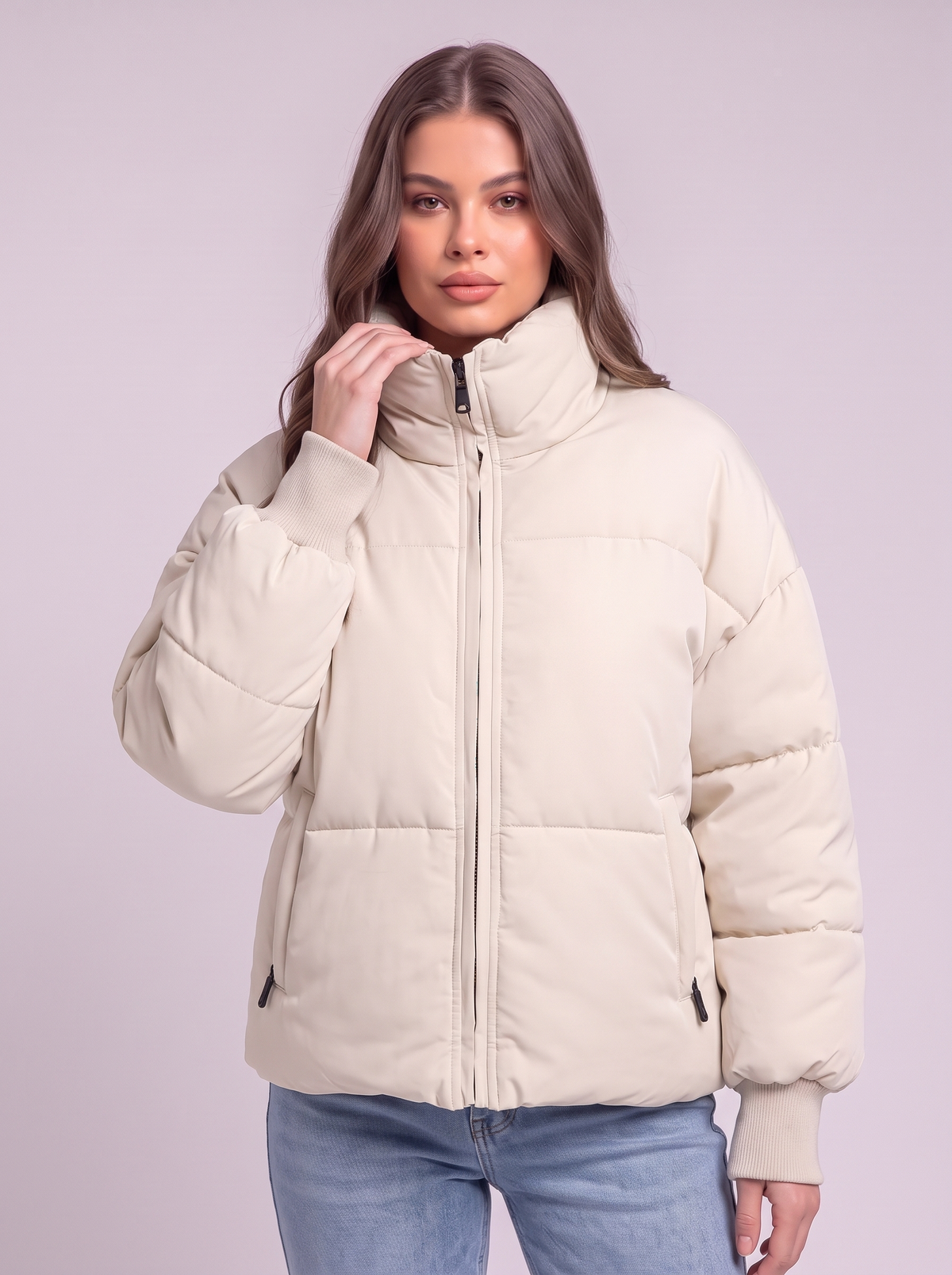 Zip Up Turtleneck Puffer Jacket - Cream - detail