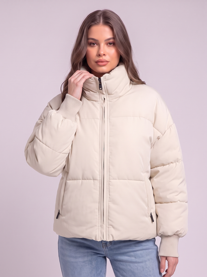 Zip Up Turtleneck Puffer Jacket - Cream - detail