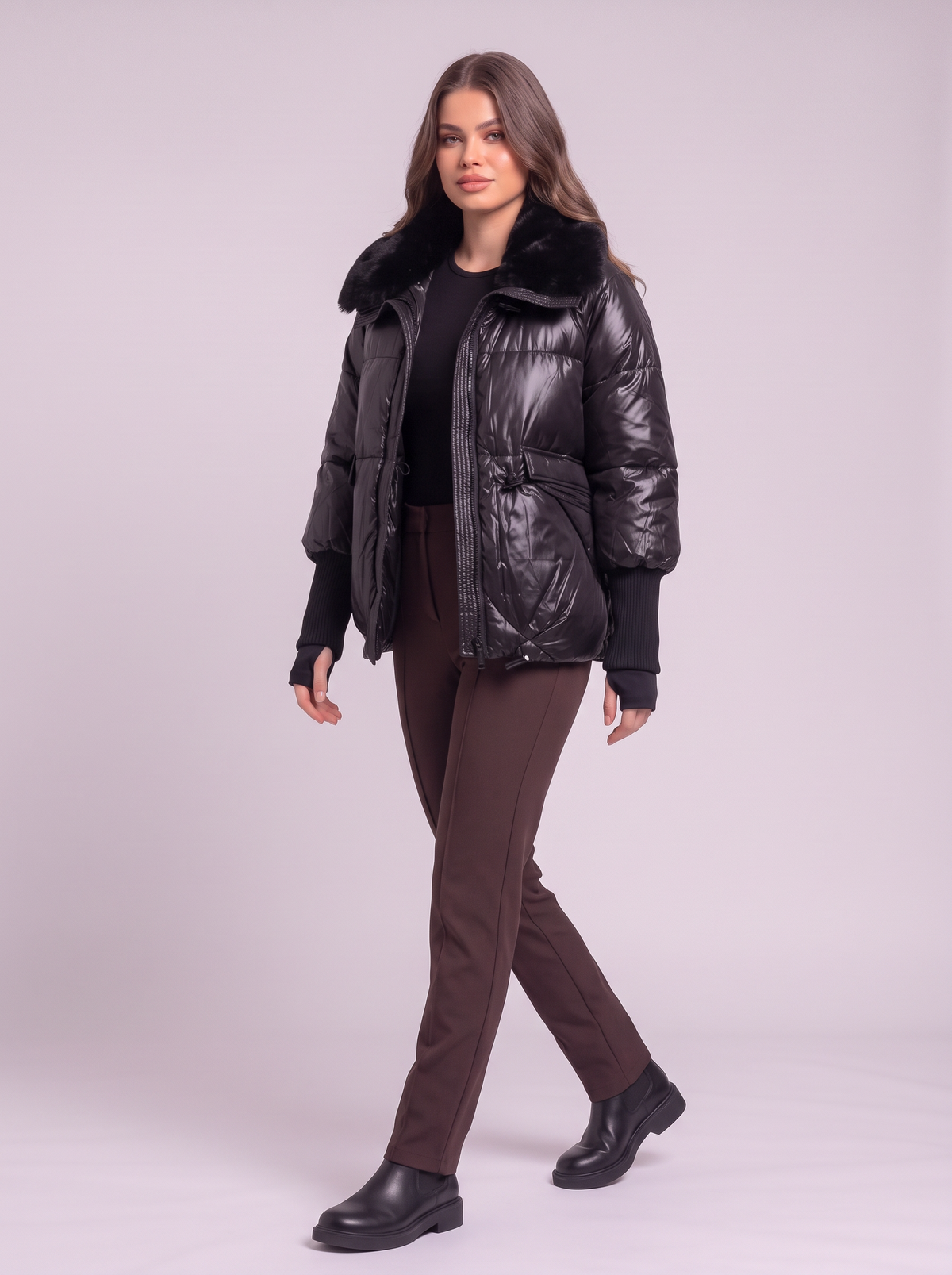 Fur Collar Padded Puffer Jacket - Black - side