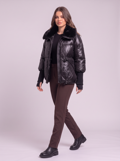 Fur Collar Padded Puffer Jacket - Black - side