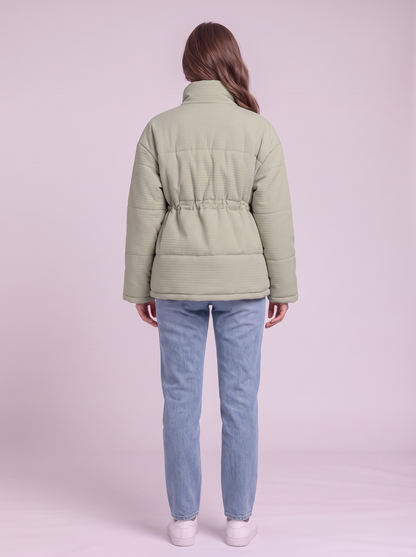 Drawstring Waist Puffer Jacket - Light Green - back
