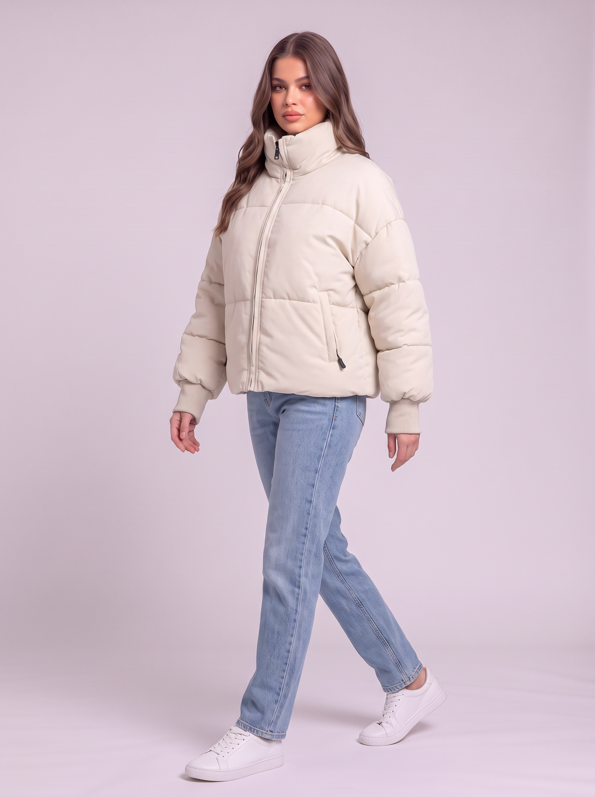 Zip Up Turtleneck Puffer Jacket - Cream - side