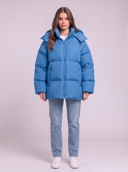 Pocketed Hooded Puffer Jacket - Sky Blue