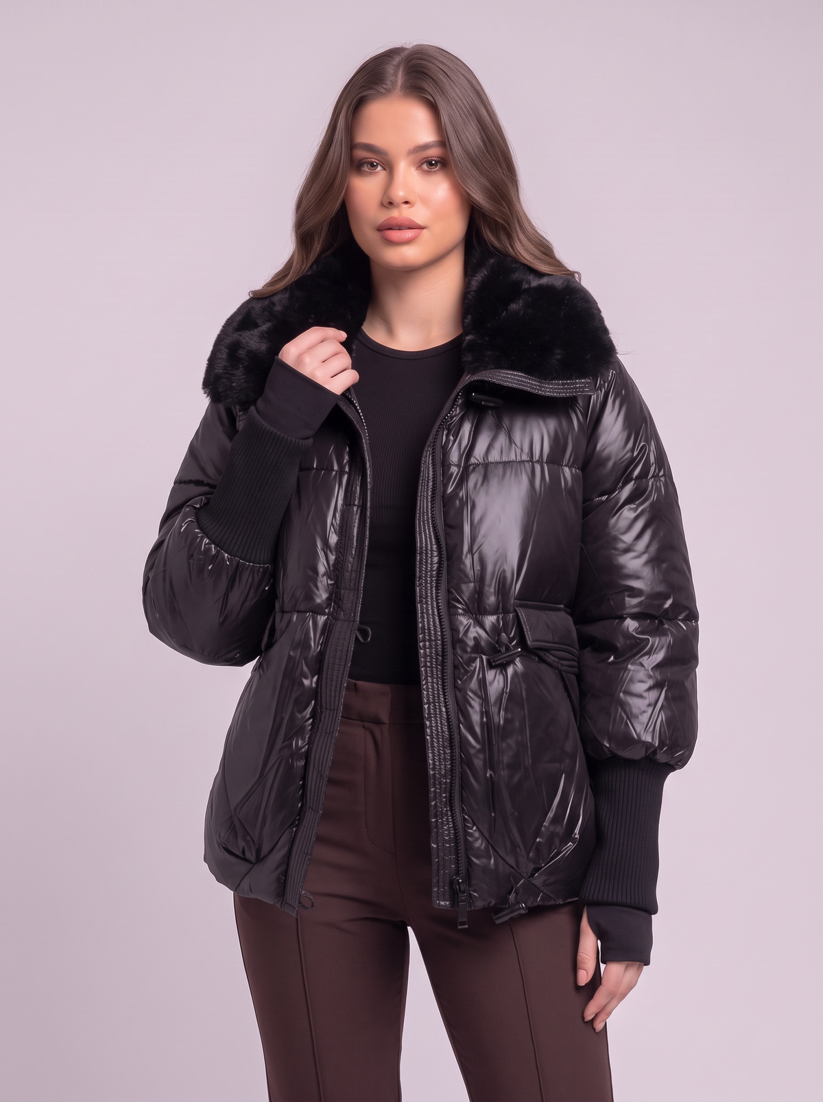 Fur Collar Padded Puffer Jacket - Black - detail