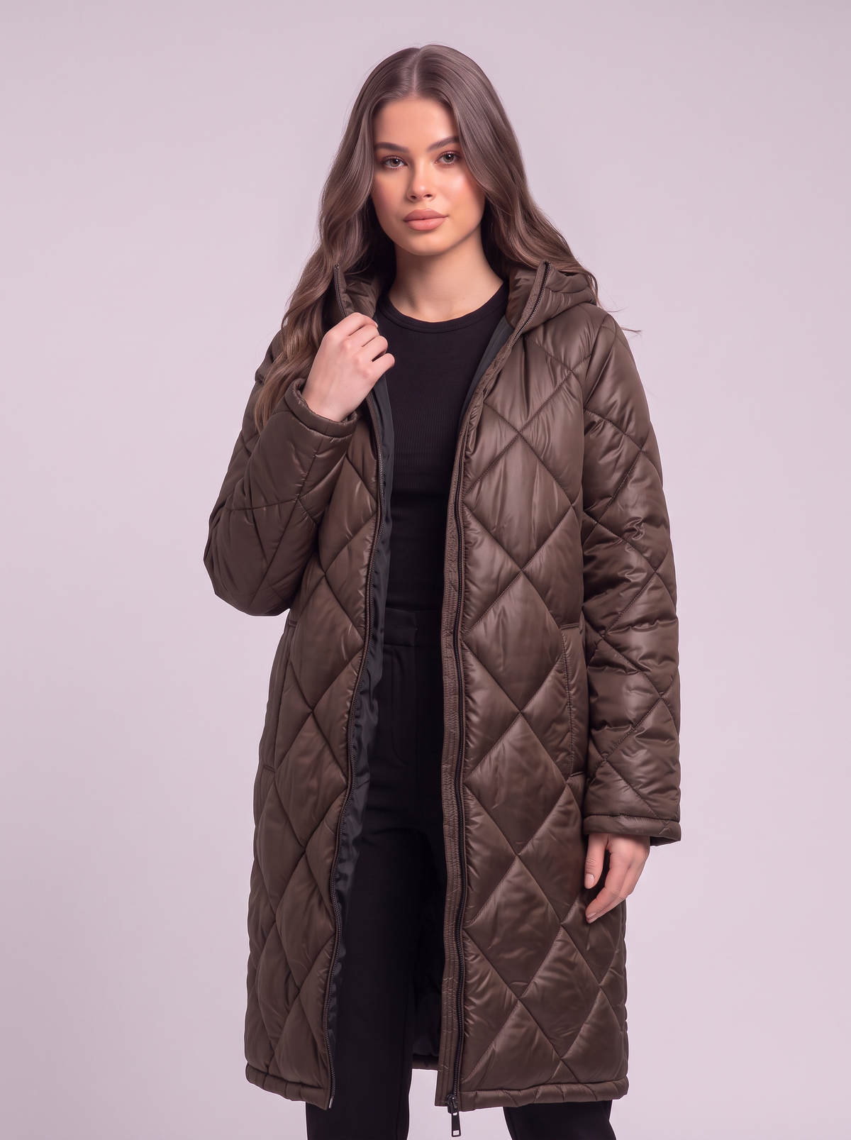 Quilted Longline Hooded Puffer Coat - Dark Brown - detail