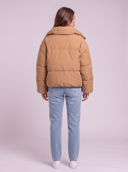 Collared Neck Puffer Coat - Tan - back