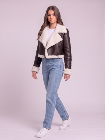 Collared Plush Cropped Jacket - Chocolate - side