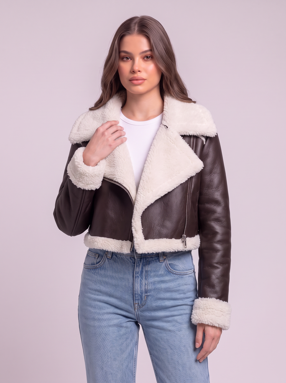 Collared Plush Cropped Jacket - Chocolate - detail