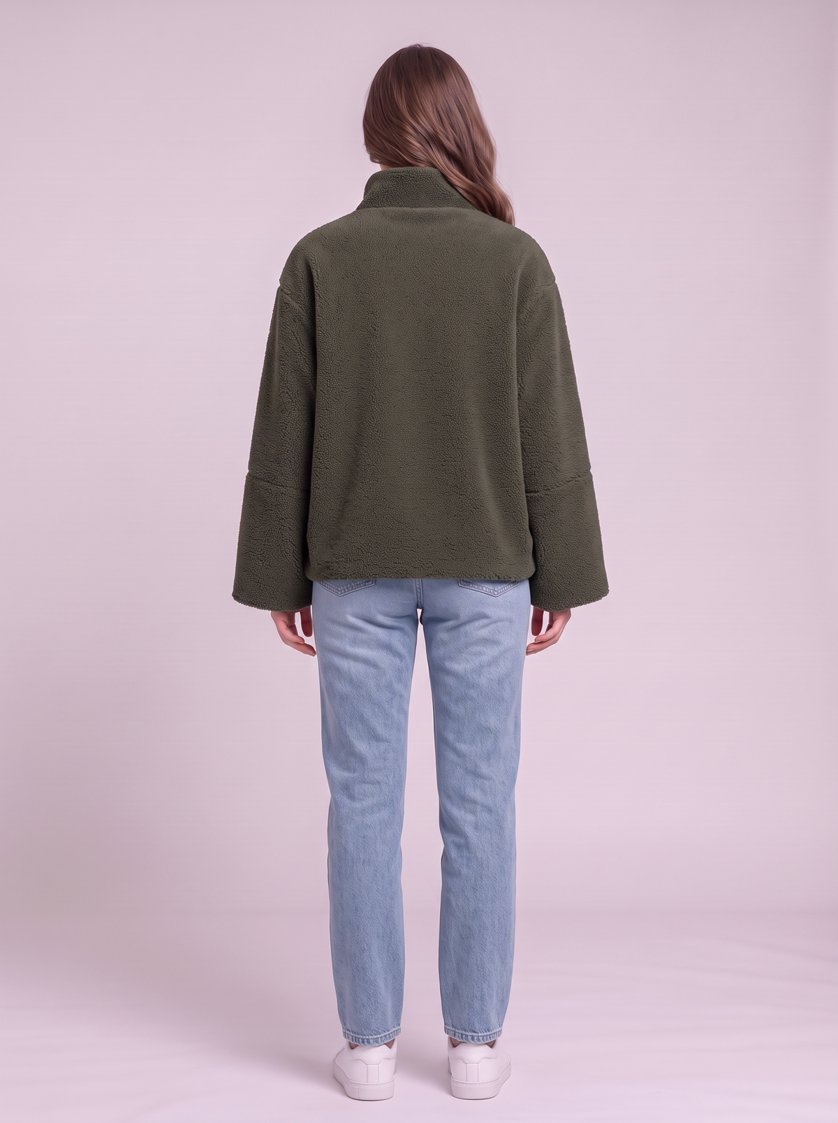 Turtleneck Zip Up Plush Jacket - Dark Green - back